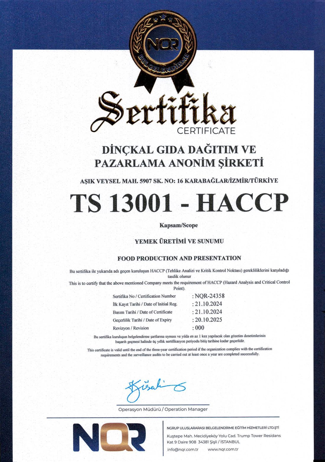 TS 13001 HACCP Sertifikası