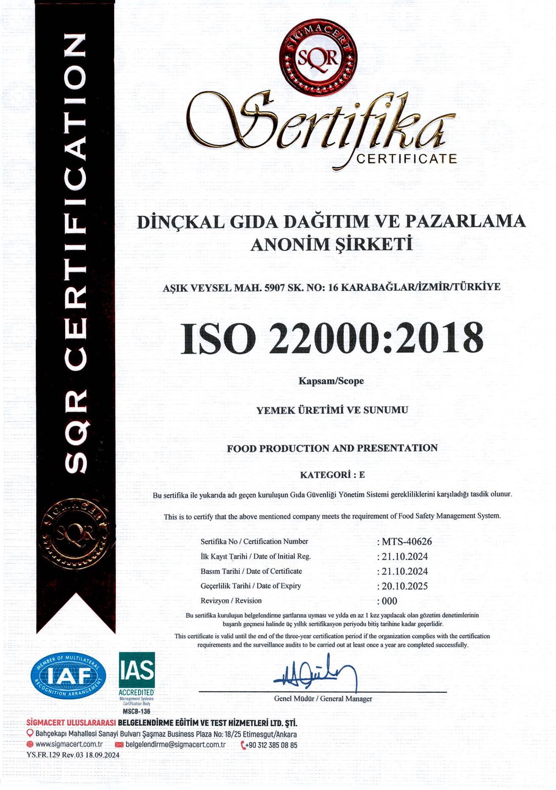 ISO 22000:2018 Sertifikası